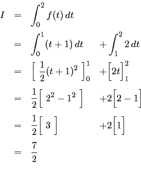 \begin{displaymath}\begin{array}{llll}
I
&=&\displaystyle \int_0^2 f(t)\,dt \\ [...
...isplaystyle +2\Bigr[ 1\Bigl] \\ [0.4cm]
&=&\dfrac72
\end{array}\end{displaymath}