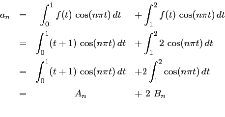 \begin{displaymath}\begin{array}{llcl}
a_n
&=&\displaystyle \int_0^1 f(t)\,\cos(...
...splaystyle A_n
&\displaystyle + \ 2\ B_n \\ [0.4cm]
\end{array}\end{displaymath}