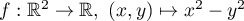 $f:\mathbb R^2\to\mathbb R,\ (x,y)\mapsto x^2-y^2$