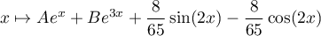 $x\mapsto Ae^x+Be^{3x}+\dfrac{8}{65}\sin(2x)-\dfrac{8}{65}\cos(2x)$