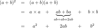 (a+b)^2=(a+b)(a+b)=axa+axb+bxa+b^2=a^2+2ab+b^2